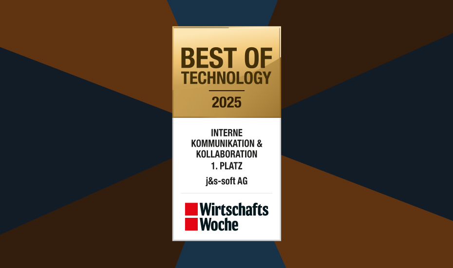 Das Siegel des Best of Technology Award 2025 – 1. Platz in der Kategorie "Interne Kommunikation & Kollaboration", verliehen an die j&s-soft AG